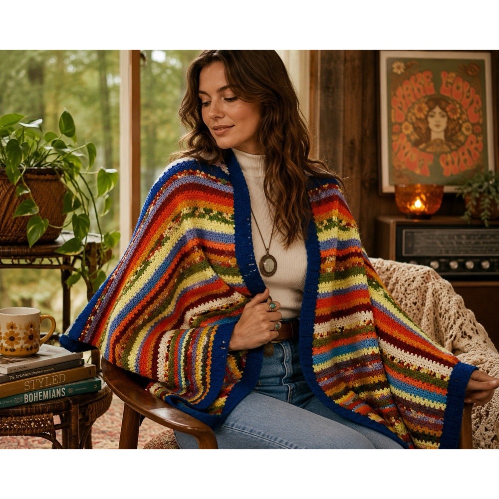 Vintage Crochet Shoulder Wrap Granny Stripe Afghan Shawl Boho Colorful 70s